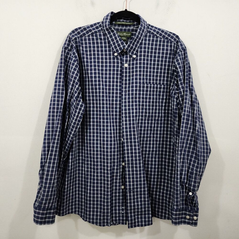 Eddie Bauer Blue White Check Plaid Shirt Wrinkle Resistant Relaxed Fit L/S XL
